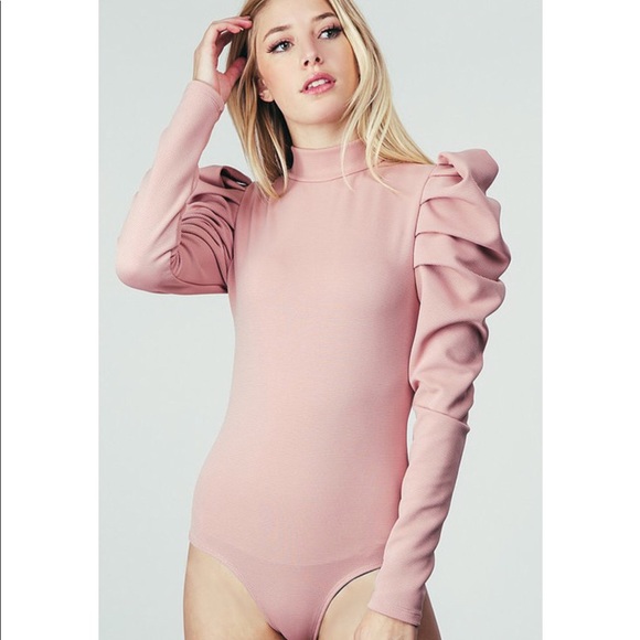 Mauve Long Puff Sleeve Ribbed Bodysuit - Picture 1 of 8